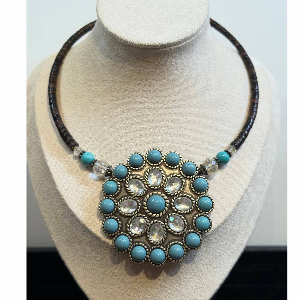 Boho Turquoise Concho Medallion Choker Wood Bead Necklace
